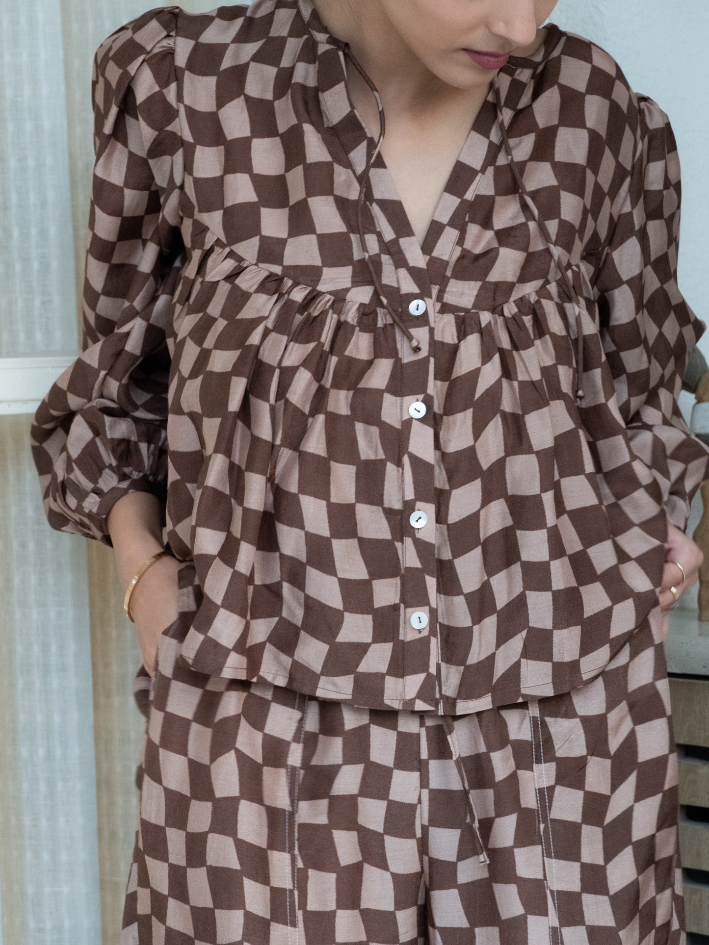 Brown Gingham Flared Top