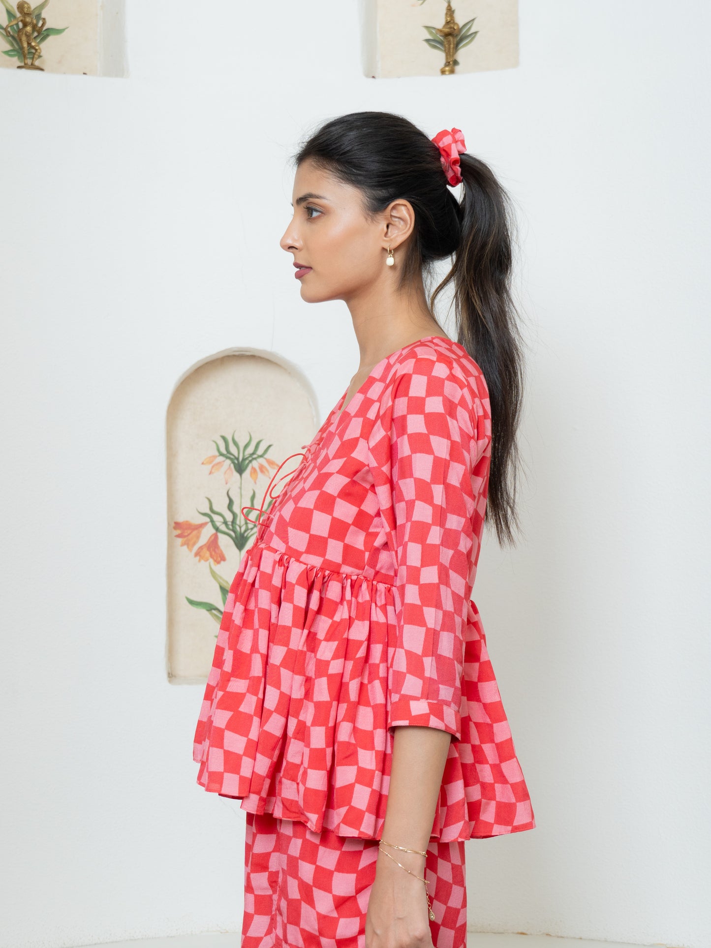 Pink Gingham Flared Top