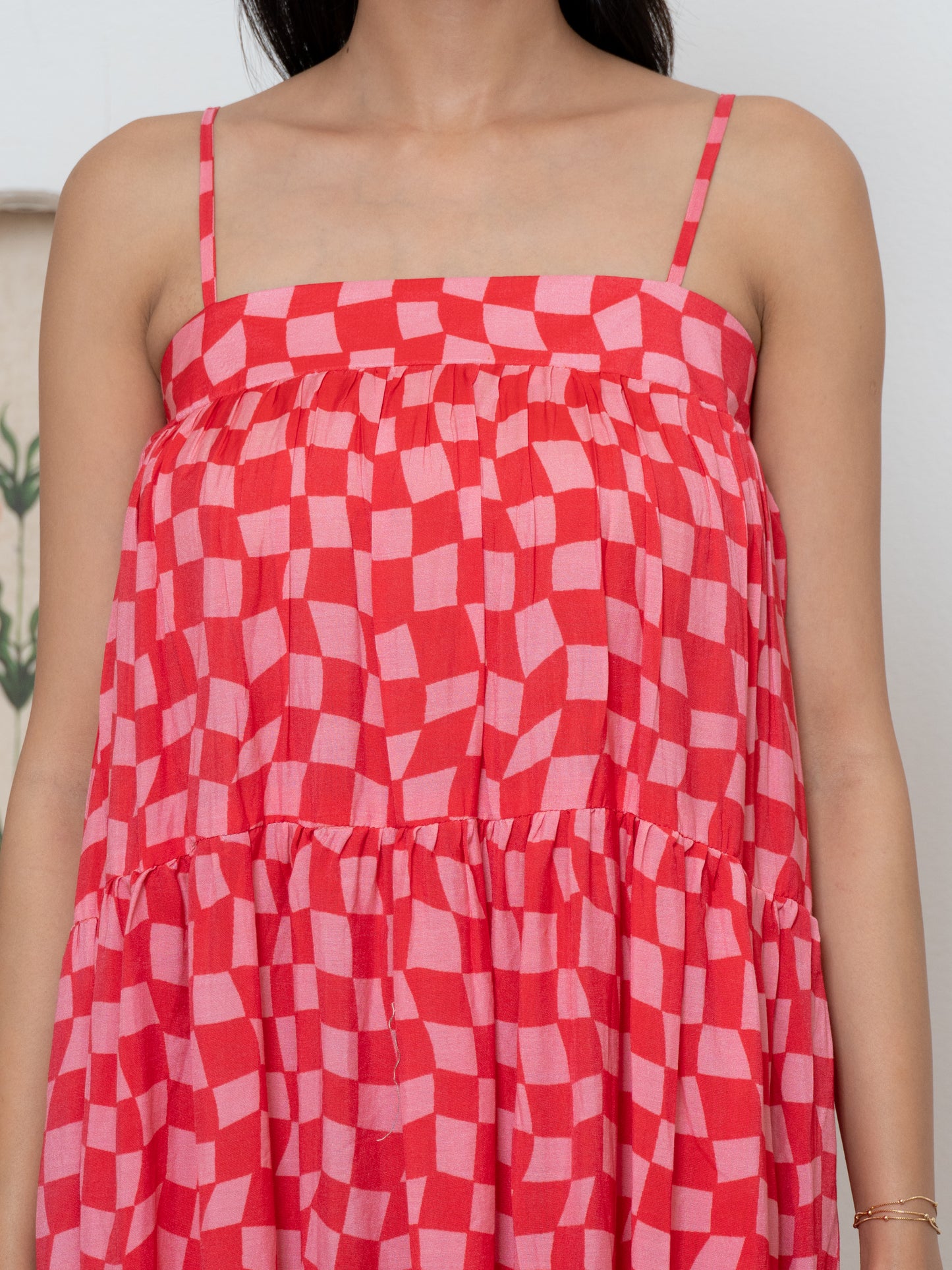 Pink Gingham Mid Length Dress