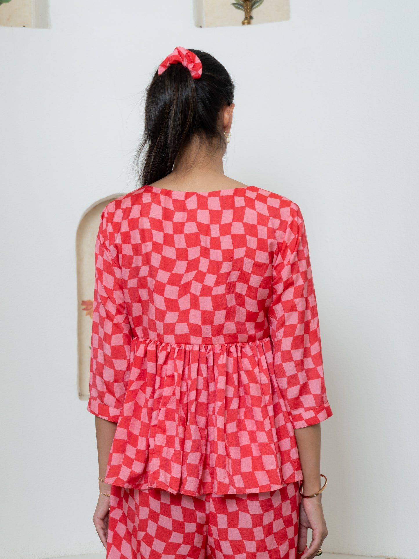 Pink Gingham Flared Top