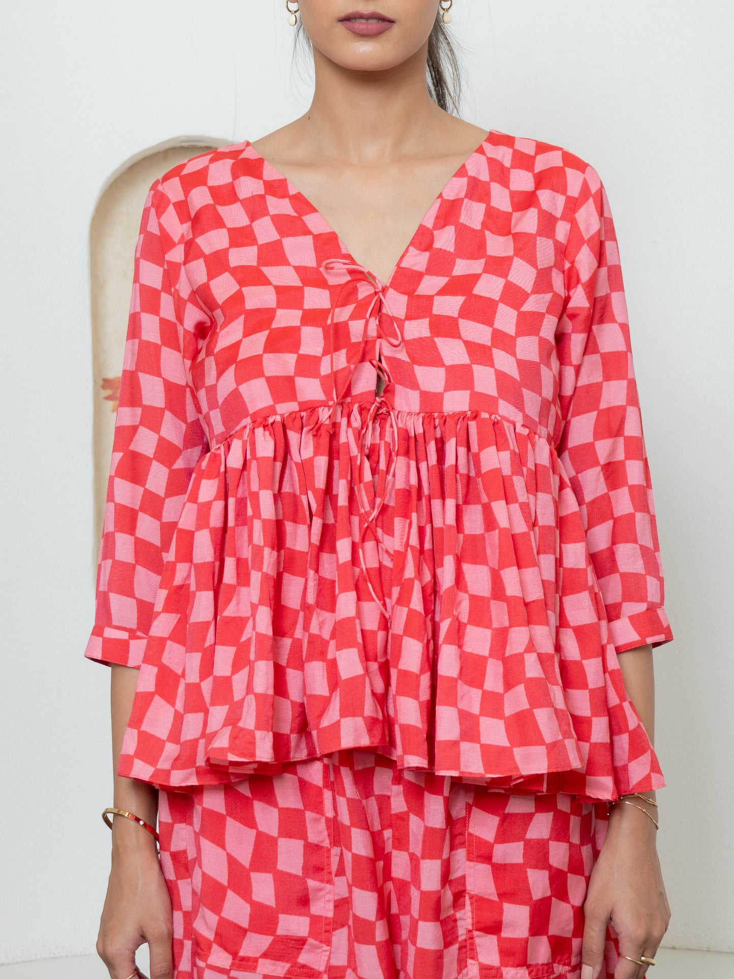 Pink Gingham Flared Top